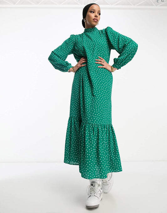 ASOS DESIGN high neck smock maxi dress in green spot