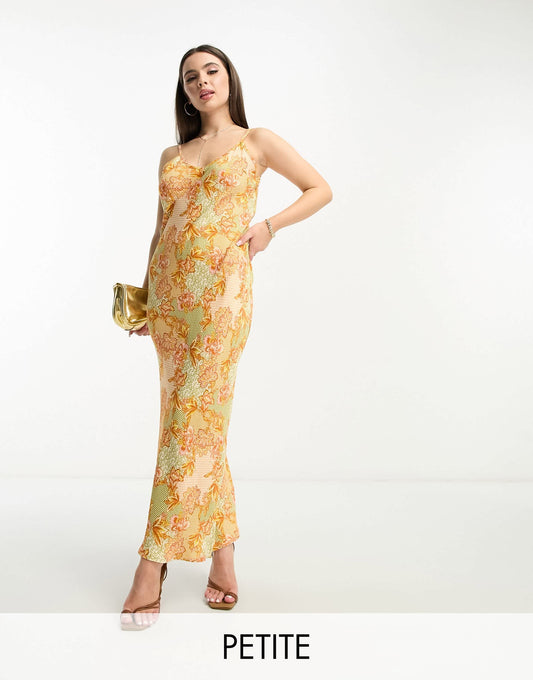 Never Fully Dressed Petite satin slip maxi dress in lavish gold floral