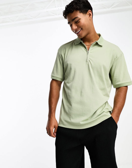 Selected oversize polo with zip neck in sage