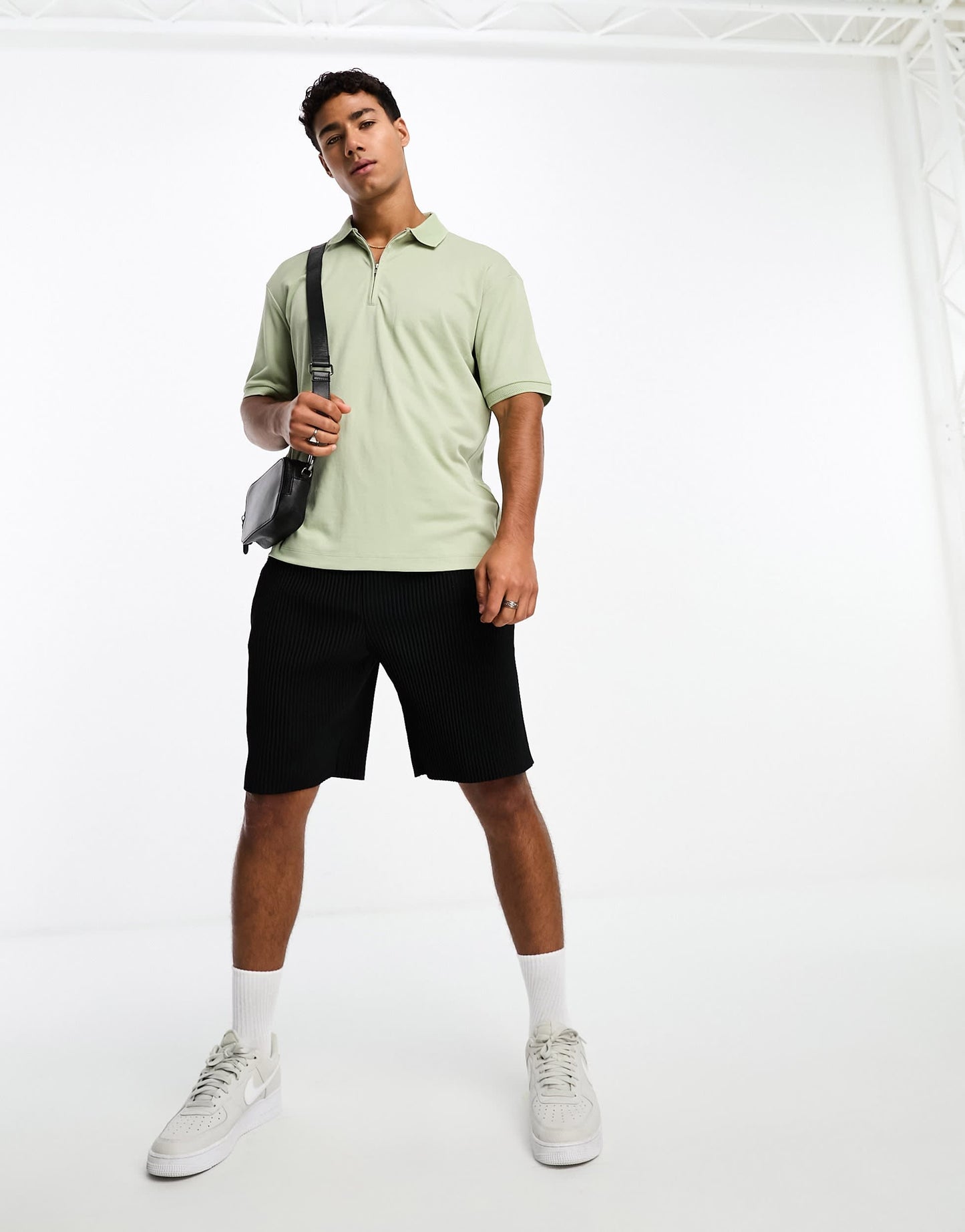 Selected oversize polo with zip neck in sage