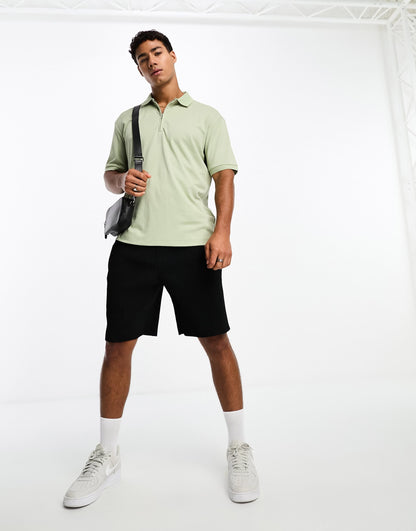 Selected oversize polo with zip neck in sage