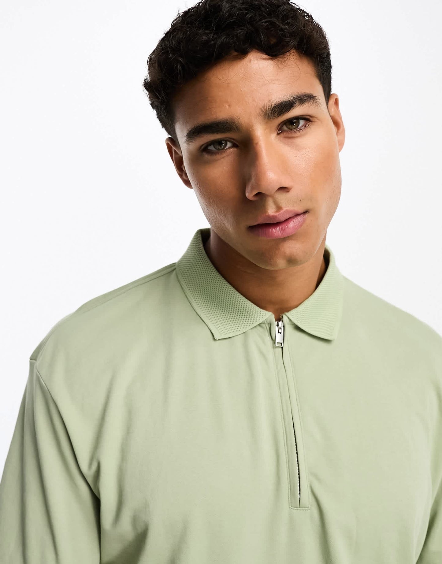Selected oversize polo with zip neck in sage
