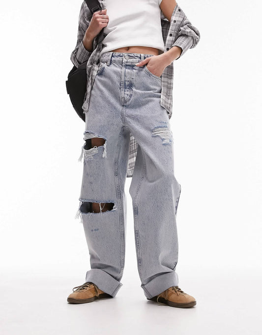 Topshop Oversized Mom jean with rips in bleach