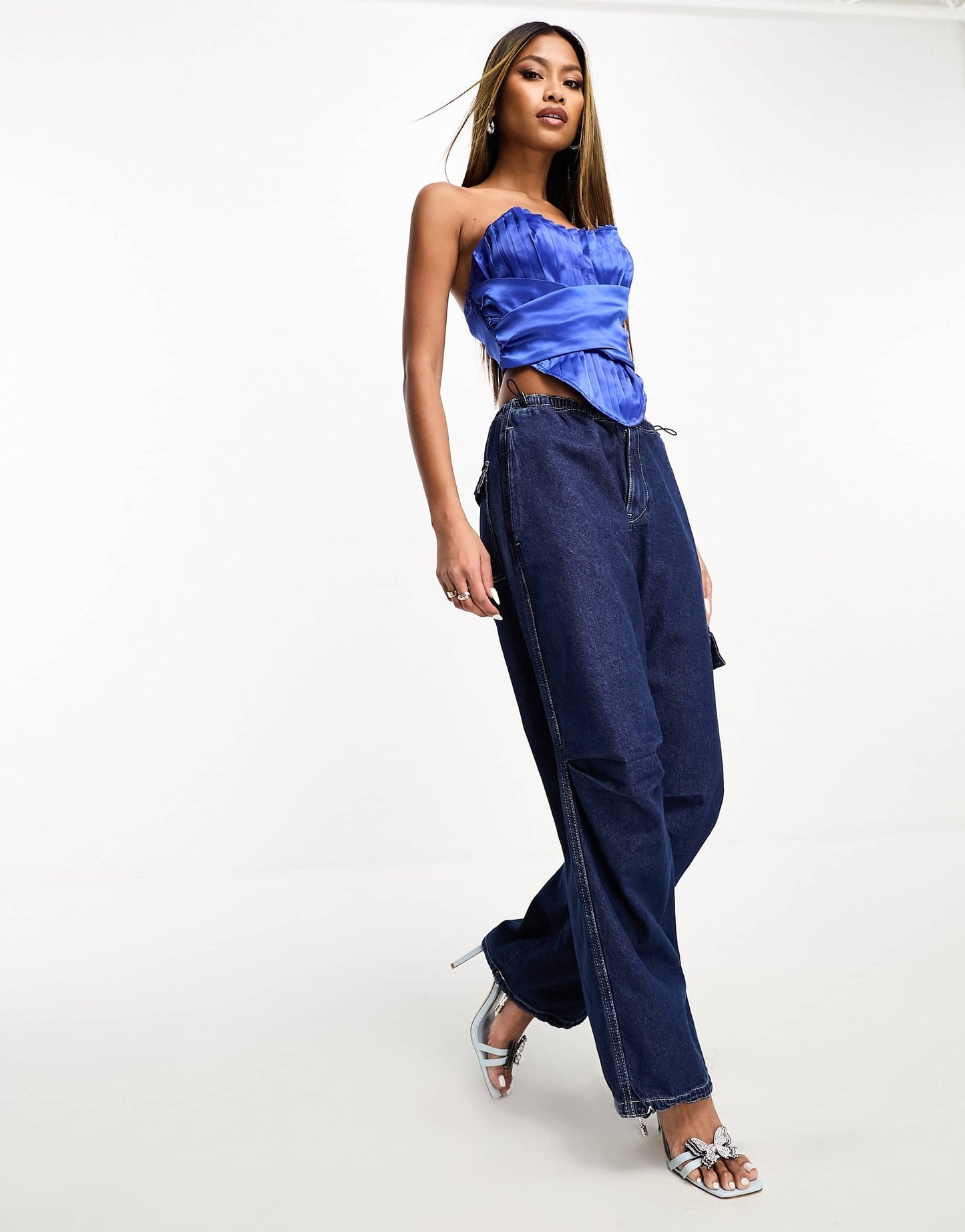 NaaNaa satin pleated corset top in dark blue