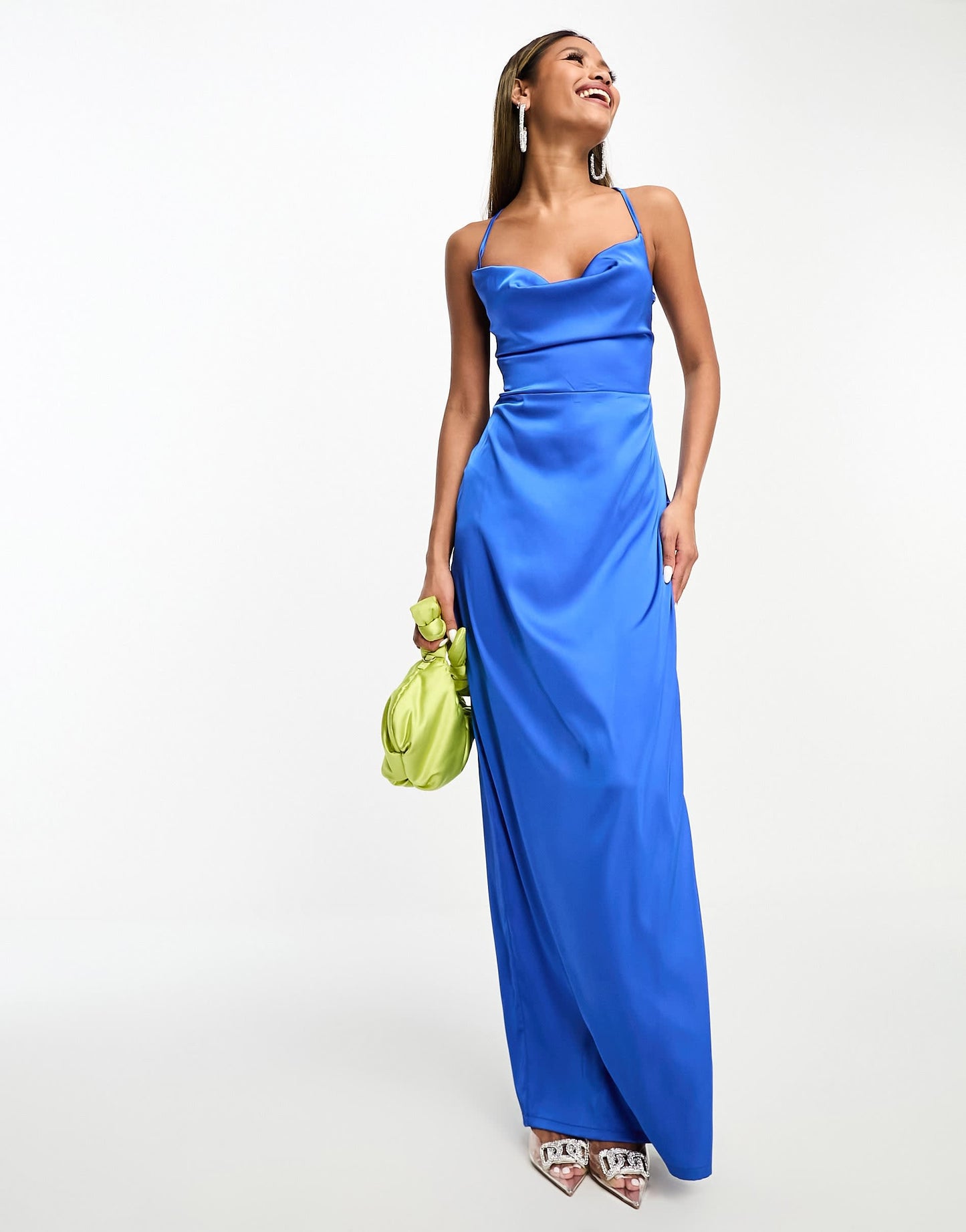 NaaNaa satin cowl neck maxi dress with tie back detail in blue