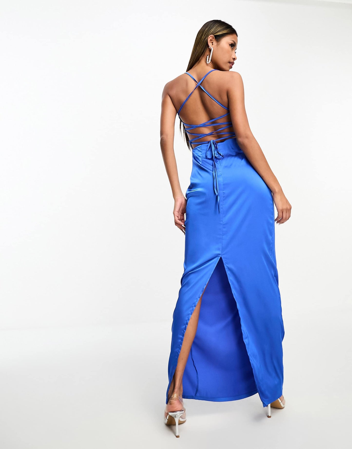NaaNaa satin cowl neck maxi dress with tie back detail in blue