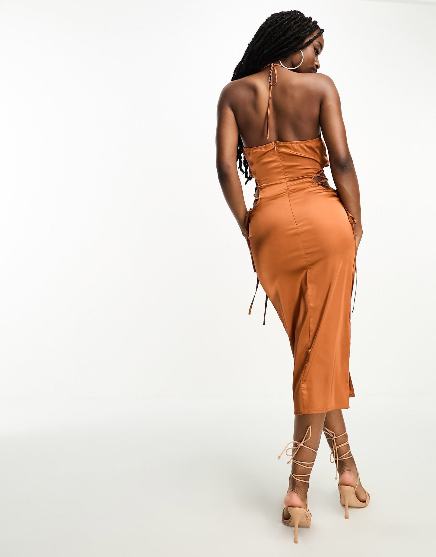 NaaNaa satin halter neck midi dress with side tie details in rust
