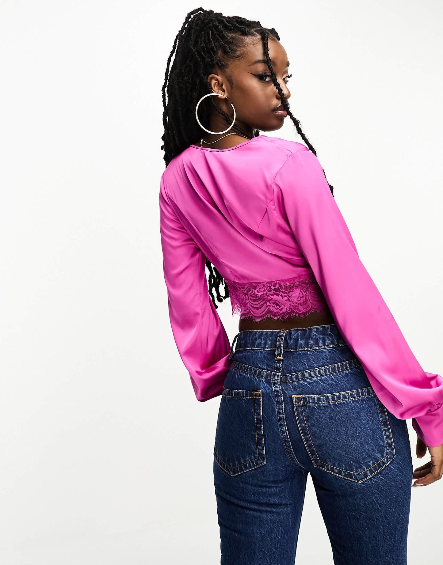 NaaNaa satin cropped blouse with lace trim in pink
