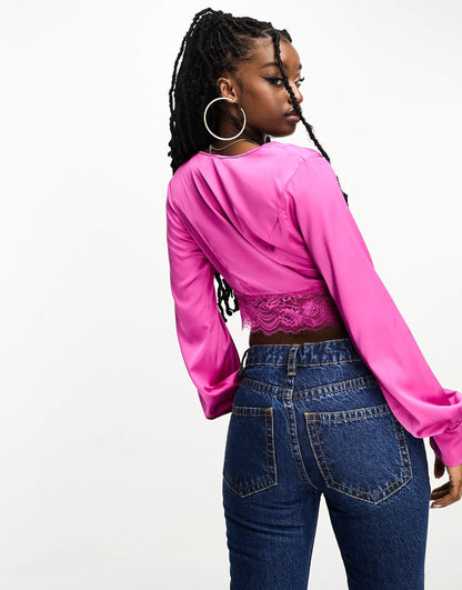 NaaNaa satin cropped blouse with lace trim in pink