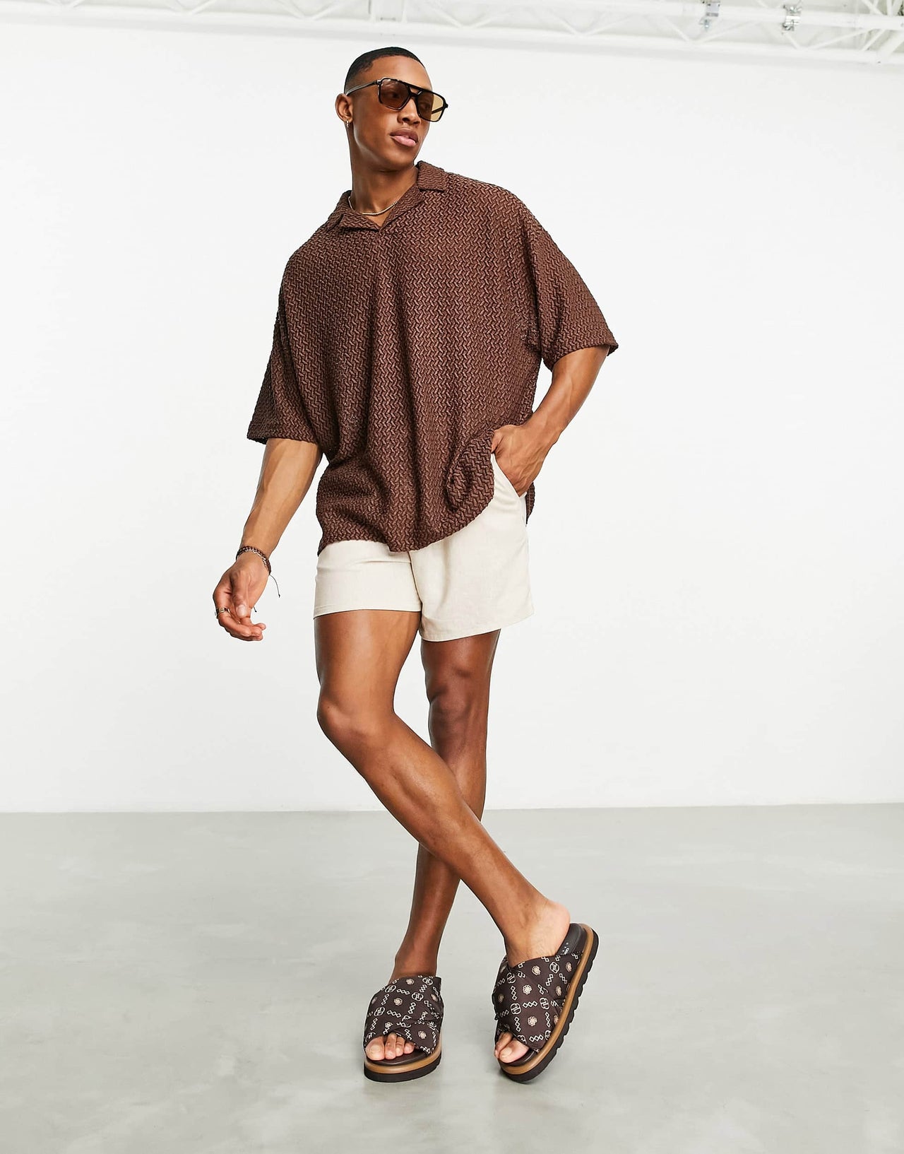 ASOS DESIGN oversized revere polo shirt in brown texture