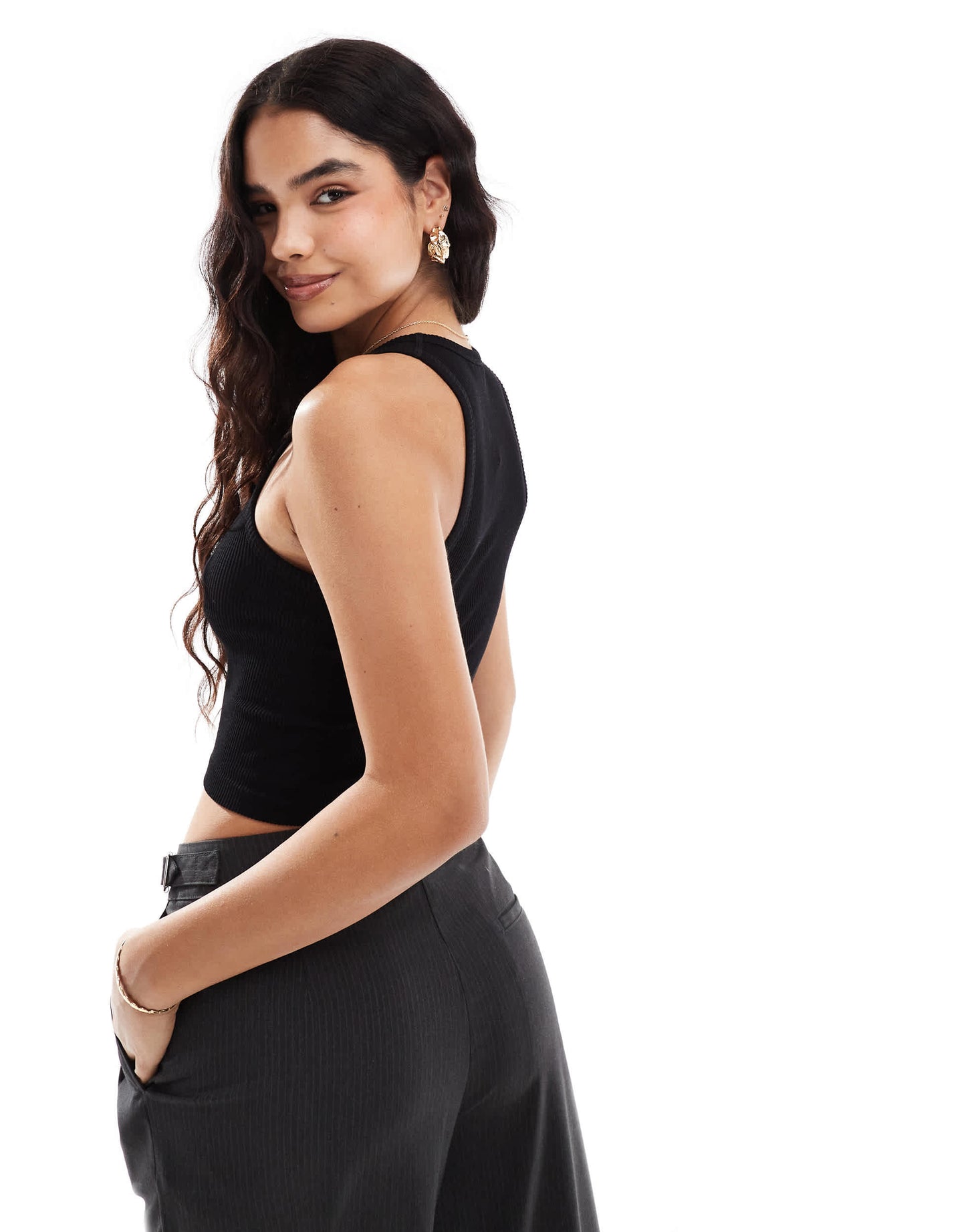 Stradivarius high neck seamless ribbed vest top in black