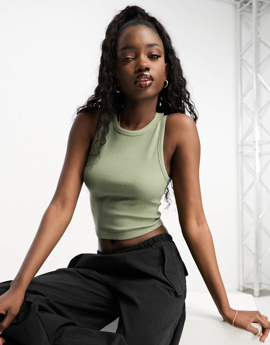 Stradivarius high neck seamless ribbed vest top in khaki