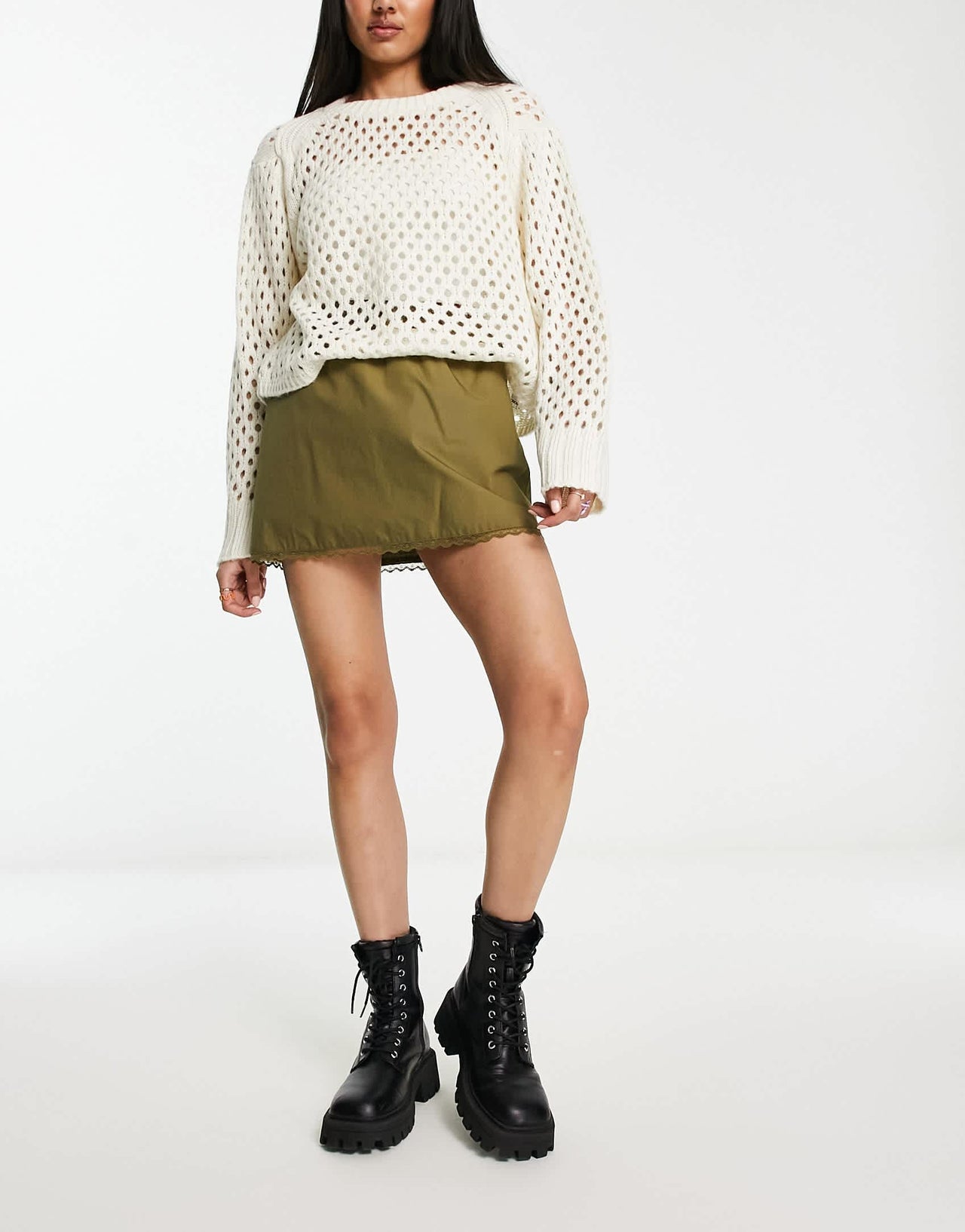 COLLUSION lace trim festival mini skirt in khaki
