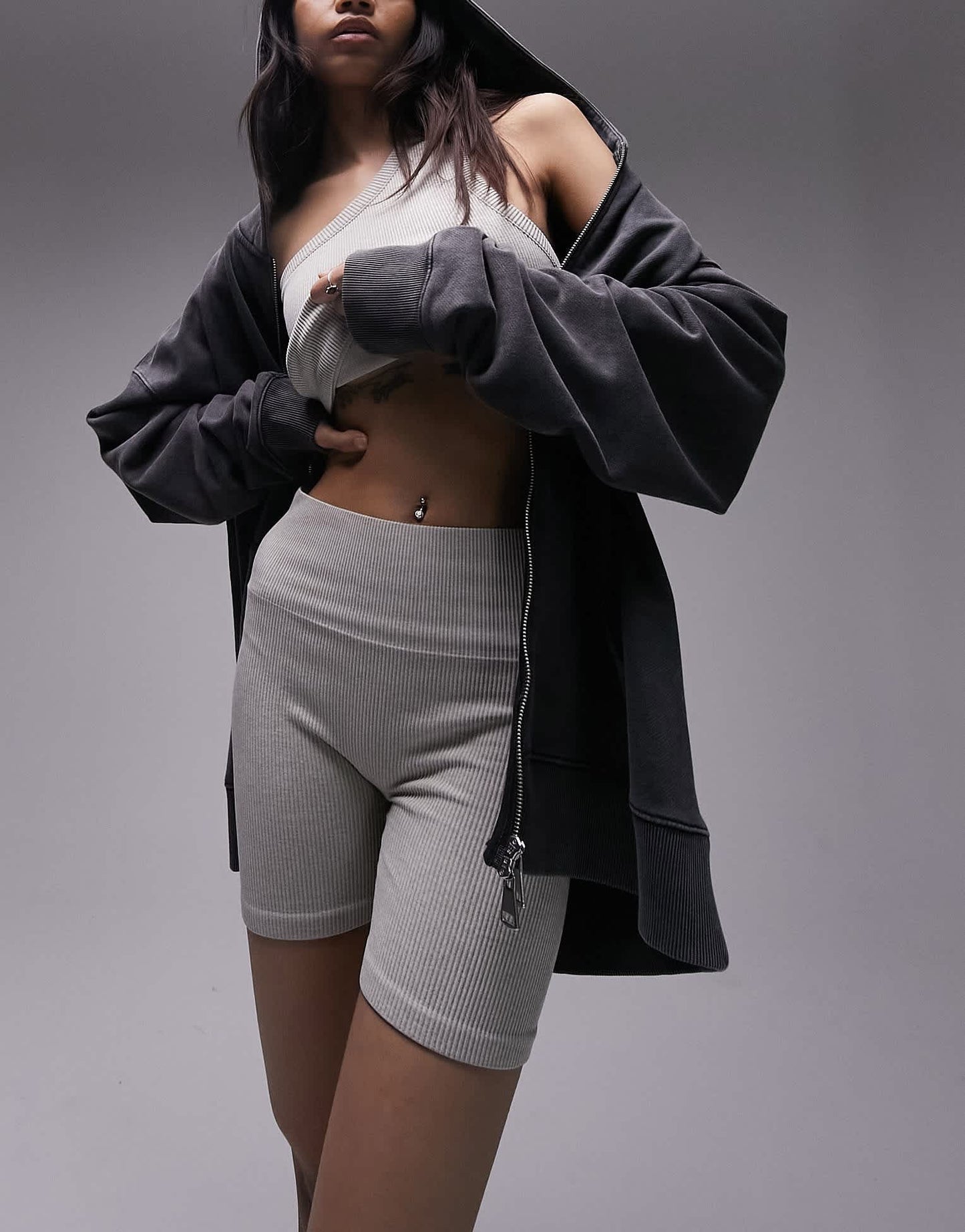 Topshop co-ord seamless rib crop legging short in oat marl