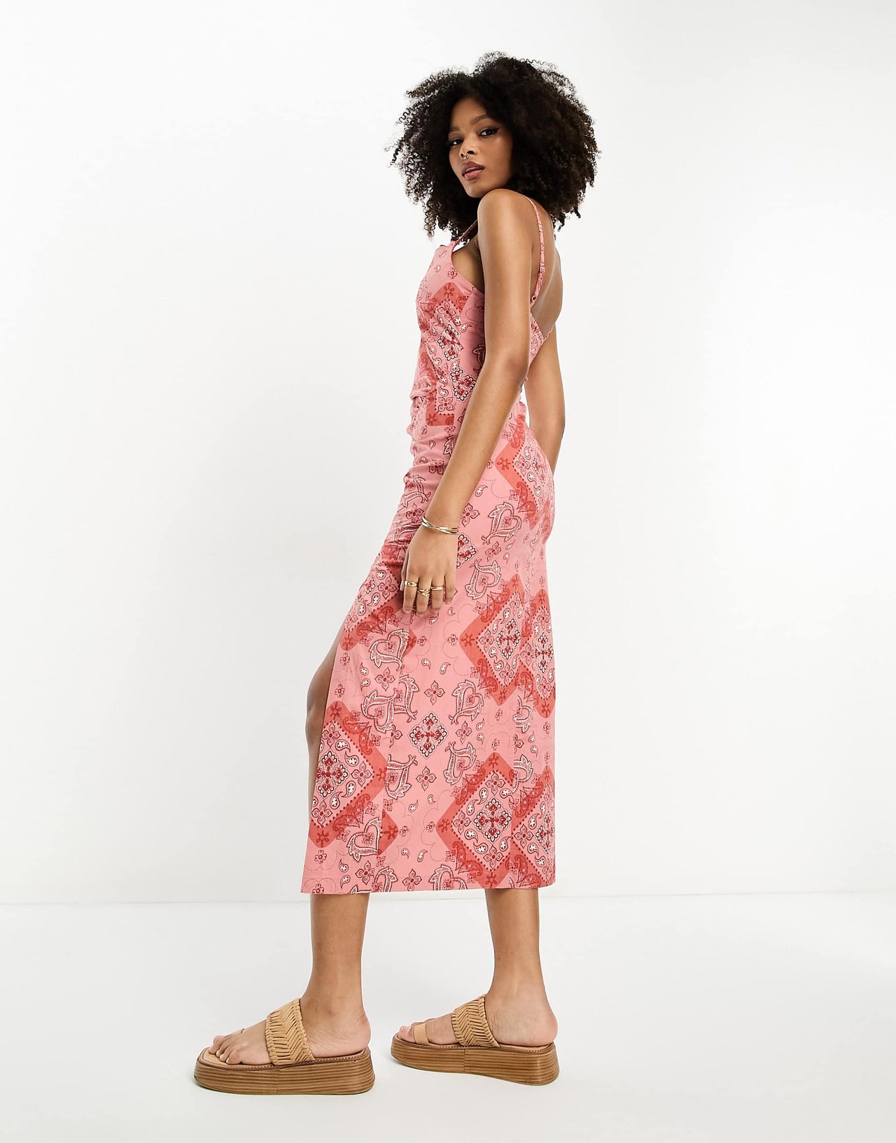 ASOS DESIGN cupped cowl midi sundress with ruching detail in bandana print