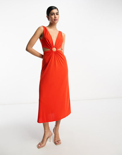 ASOS DESIGN plunge neck ring detail midi skater dress in red