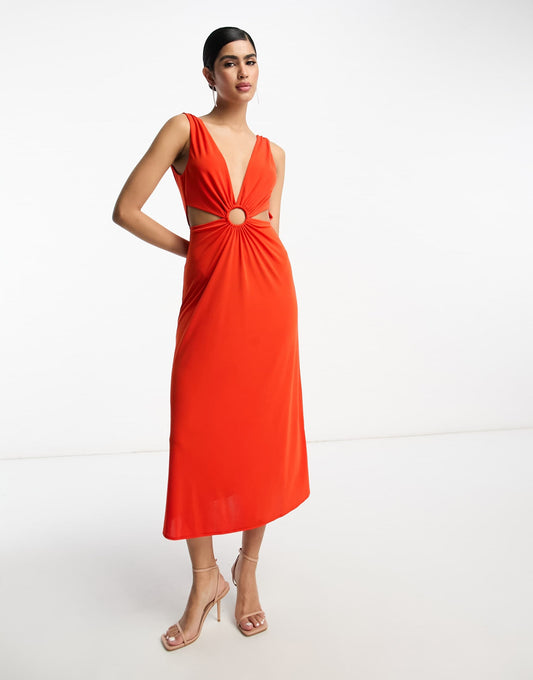 ASOS DESIGN plunge neck ring detail midi skater dress in red