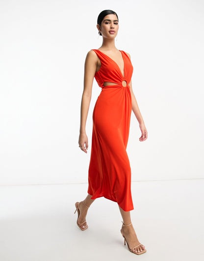 ASOS DESIGN plunge neck ring detail midi skater dress in red