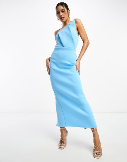 ASOS DESIGN bandeau asymmetric neck pleat midi pencil dress in blue