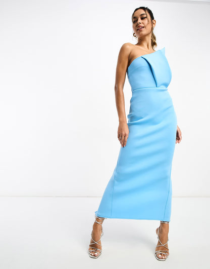 ASOS DESIGN bandeau asymmetric neck pleat midi pencil dress in blue
