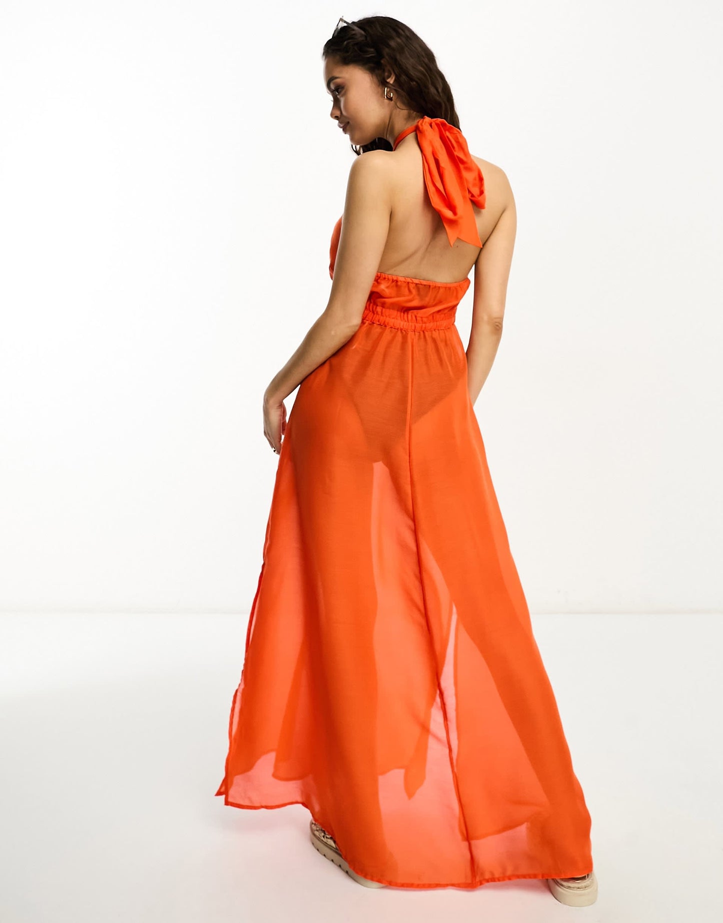 Vero Moda Petite cross over halterneck beach maxi dress in bright orange