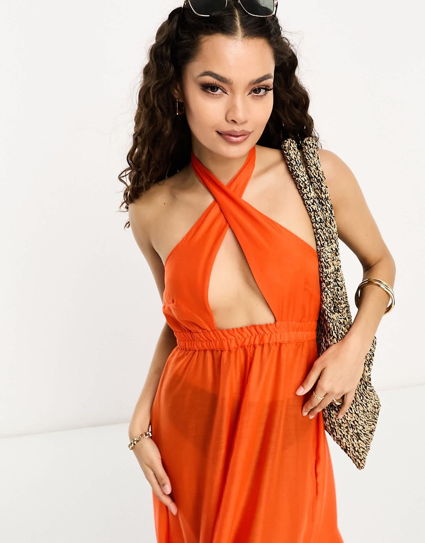 Vero Moda Petite cross over halterneck beach maxi dress in bright orange