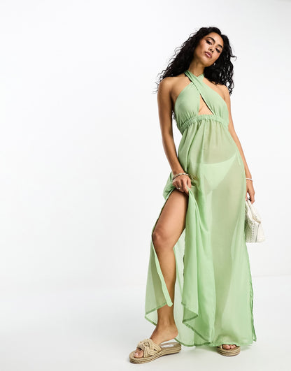 Vero Moda cross over halterneck beach maxi dress in sage green