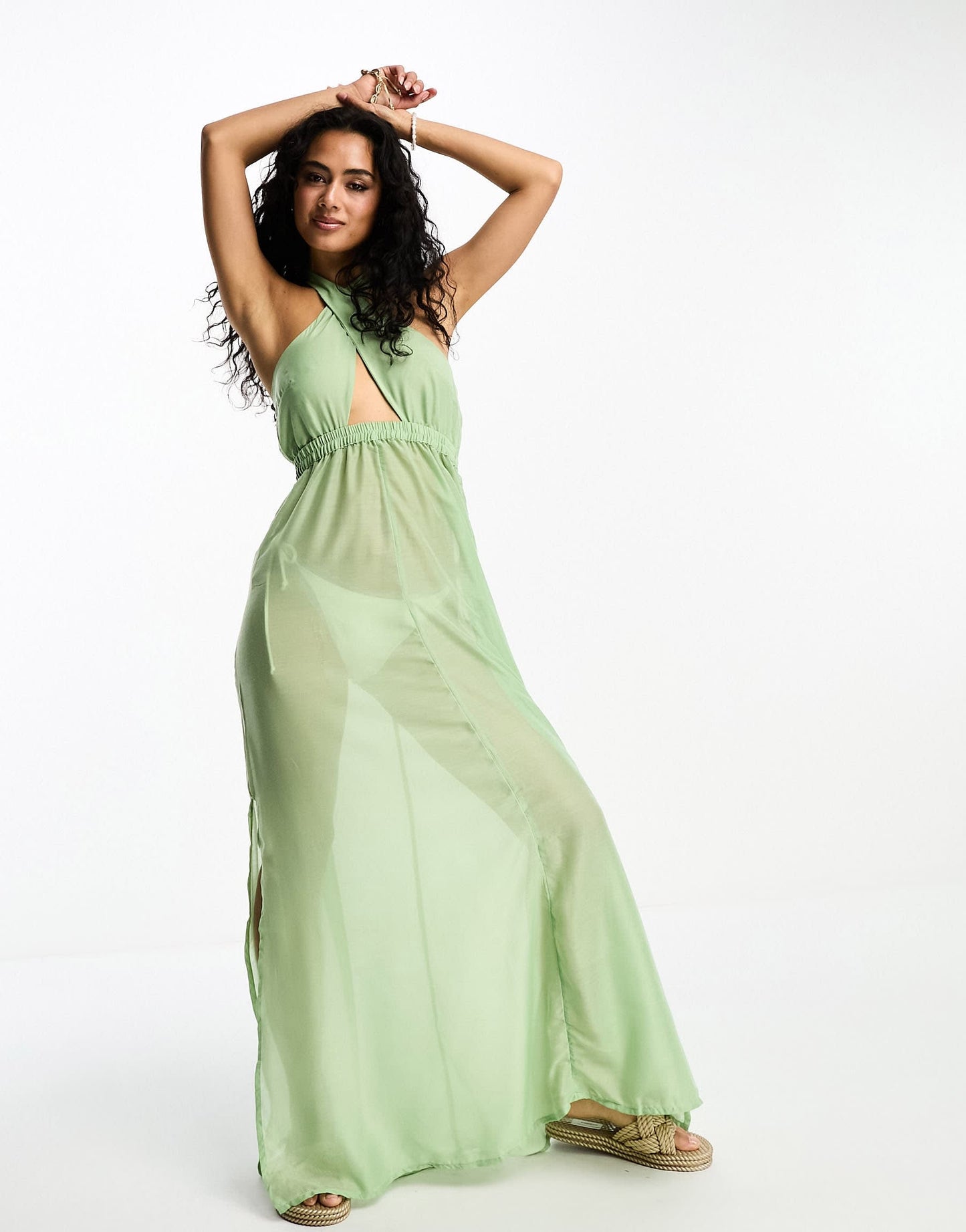 Vero Moda cross over halterneck beach maxi dress in sage green