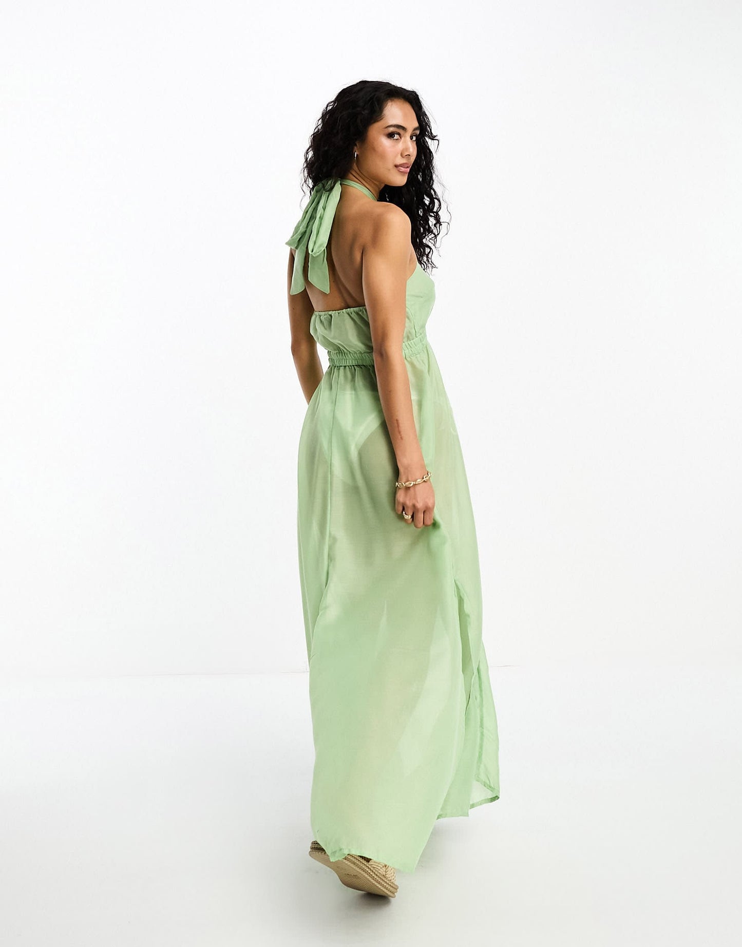 Vero Moda cross over halterneck beach maxi dress in sage green