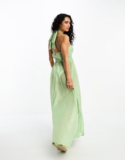 Vero Moda cross over halterneck beach maxi dress in sage green
