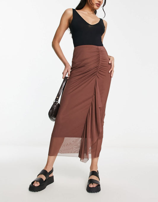 River Island mesh ruched midi skirt in dark brown