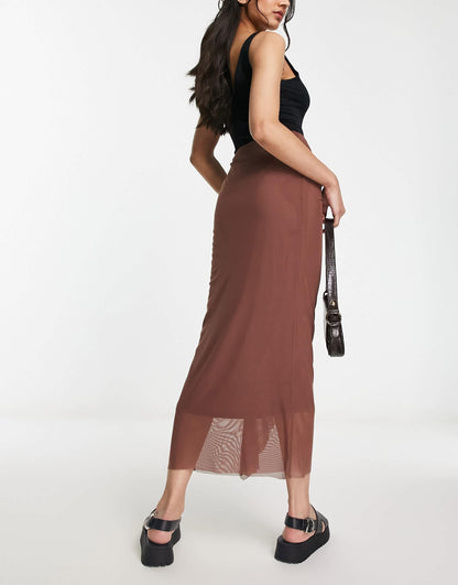 River Island mesh ruched midi skirt in dark brown