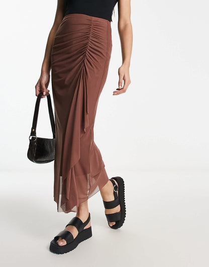River Island mesh ruched midi skirt in dark brown
