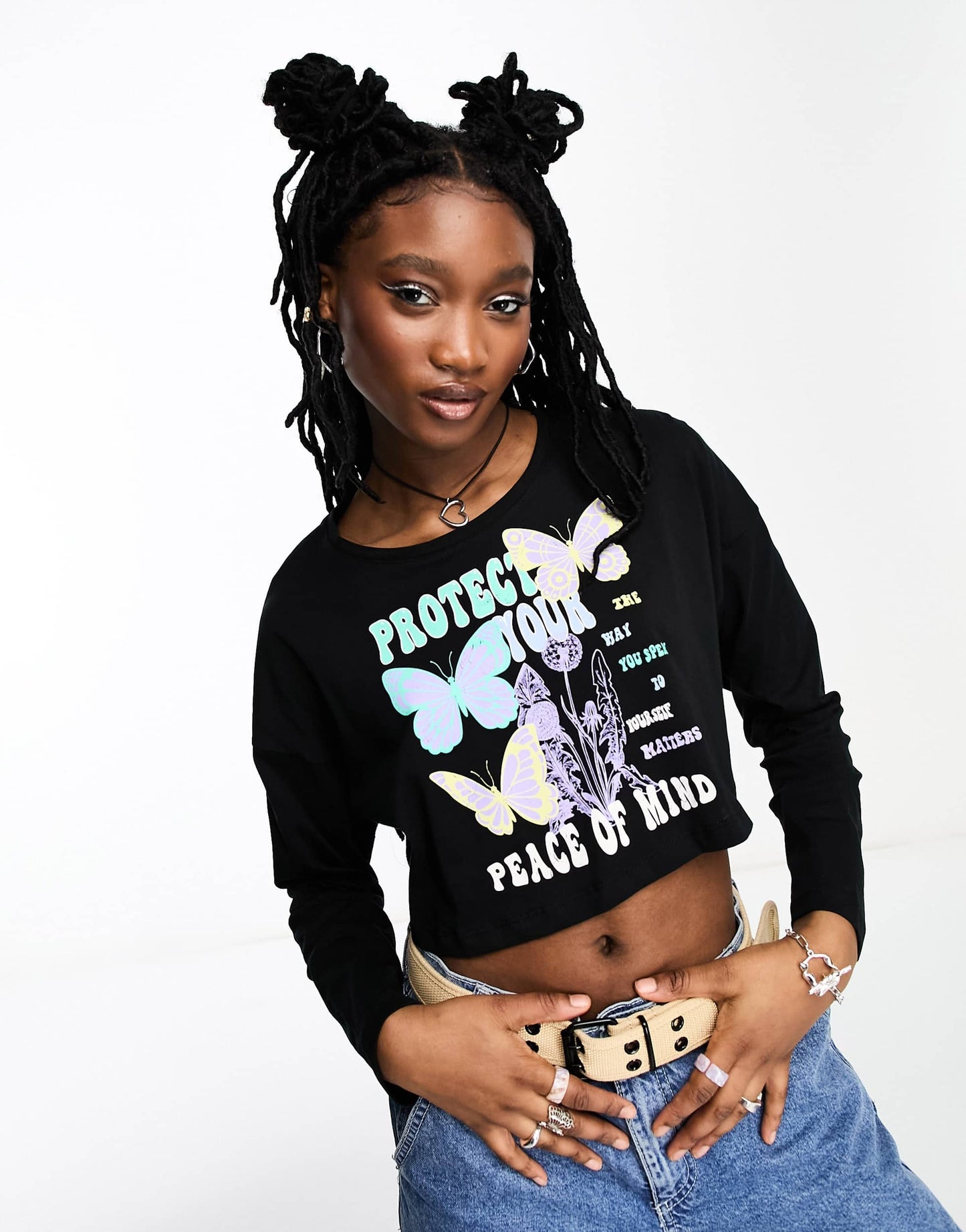 Noisy May butterfly motif t-shirt in black