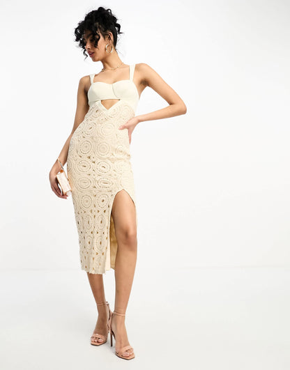 ASOS DESIGN cami cupped crochet midi dress in stone