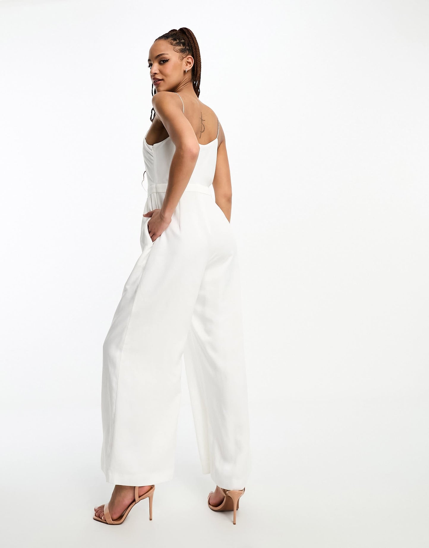 Forever New cowl neck satin jumpsuit in white