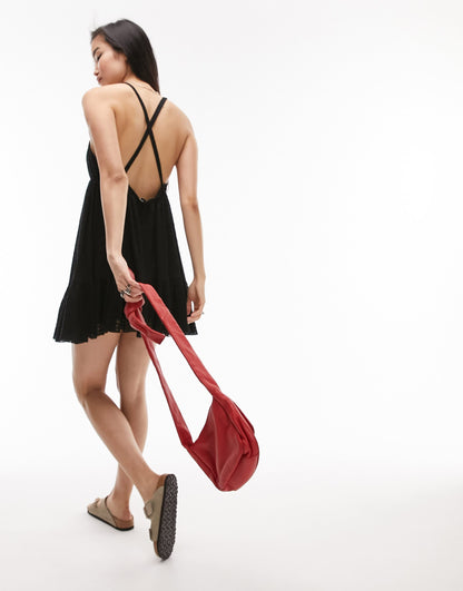Topshop crochet mini swing sun dress in black