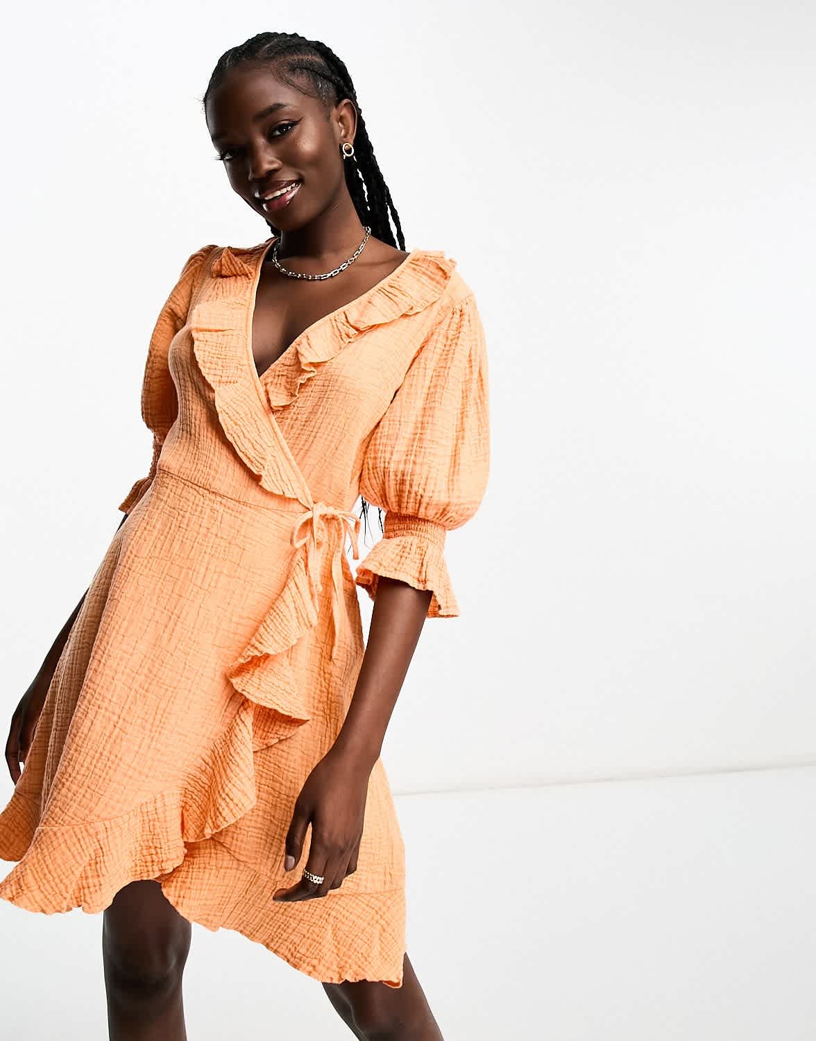 Wednesday's Girl gauzey ruffle wrap mini dress in washed orange