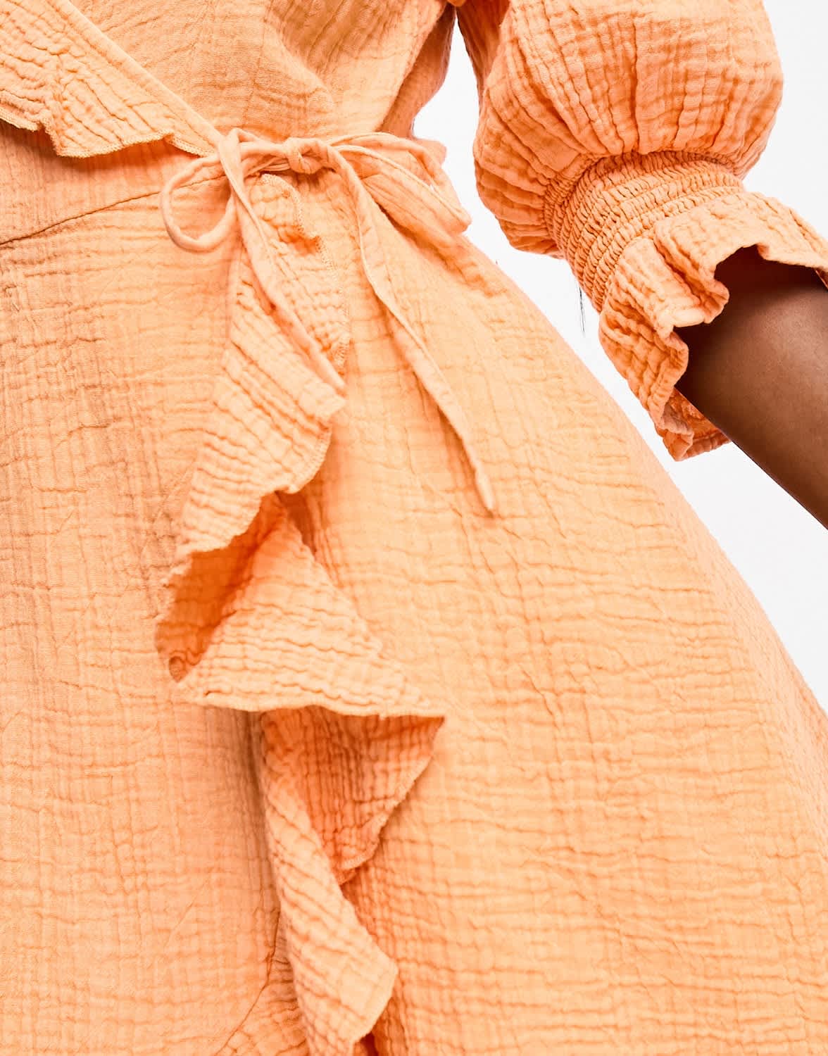 Wednesday's Girl gauzey ruffle wrap mini dress in washed orange