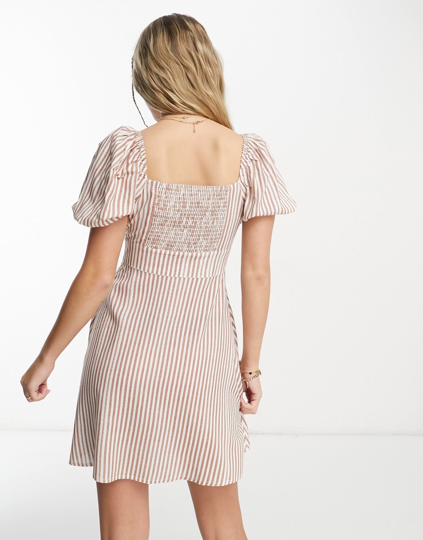 Wednesday's Girl milkmaid mini dress in brown stripe