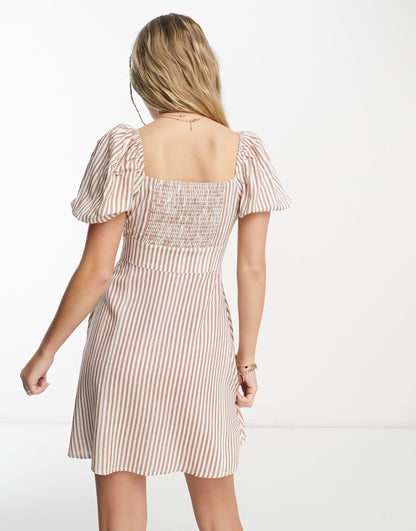 Wednesday's Girl milkmaid mini dress in brown stripe