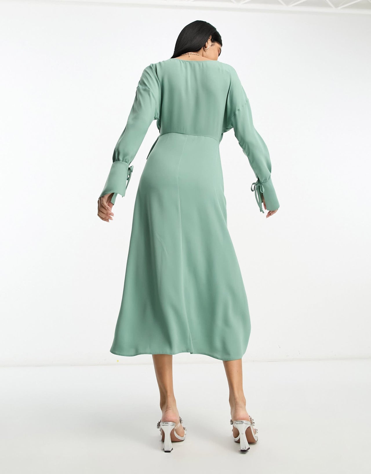 ASOS DESIGN wrap midi dress with tie cuff detail in sage green