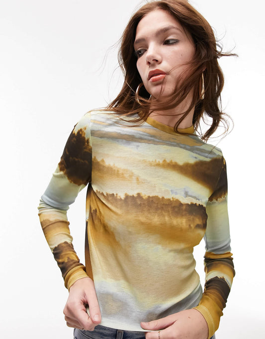 Topshop landscape long sleeve mesh top in multi