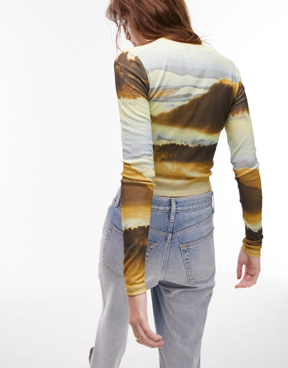 Topshop landscape long sleeve mesh top in multi