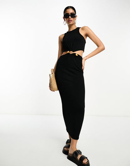 ASOS DESIGN ribbed midi dress with cut out and stone trim in black