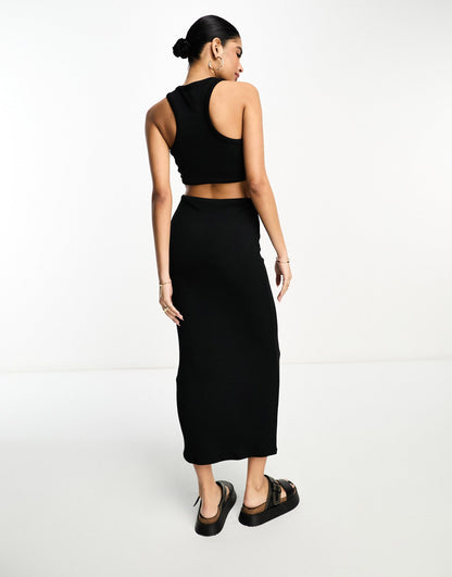 ASOS DESIGN ribbed midi dress with cut out and stone trim in black