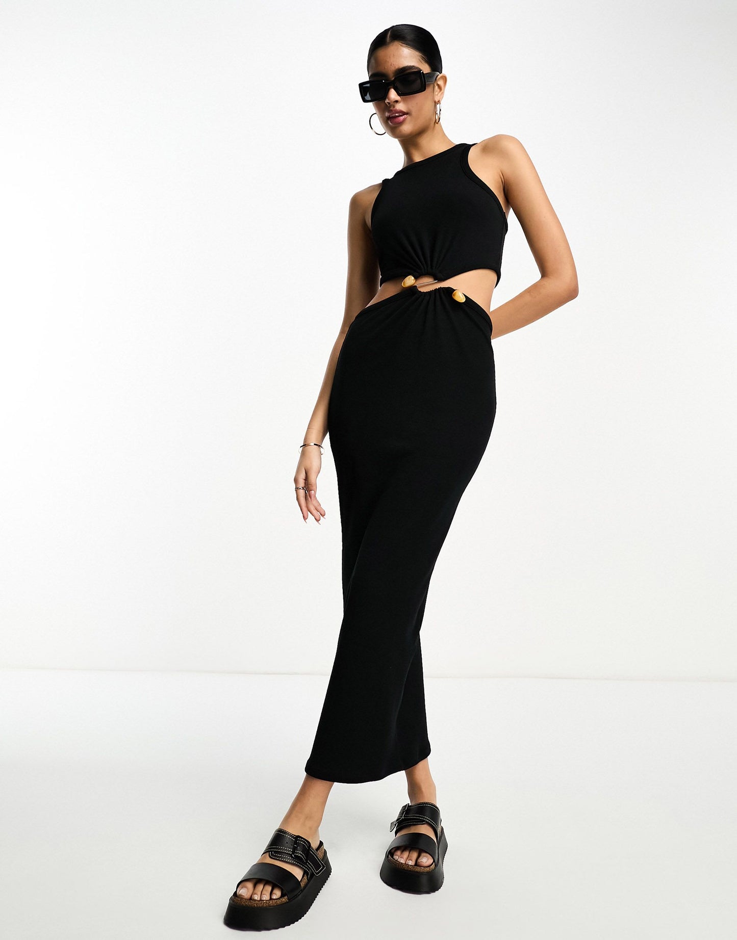 ASOS DESIGN ribbed midi dress with cut out and stone trim in black