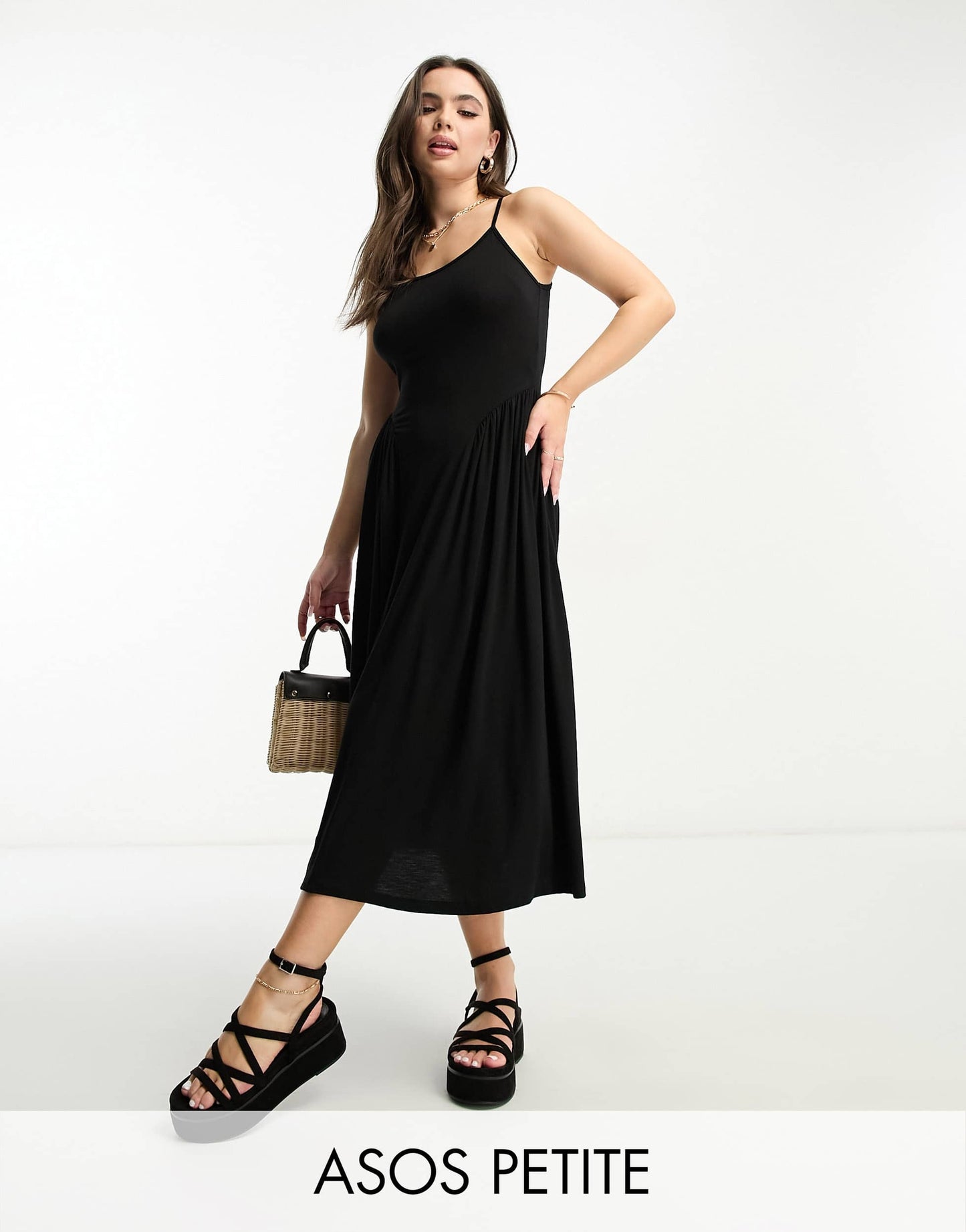 ASOS DESIGN Petite scoop neck strappy midi dress with side seam detail in black&nbsp;