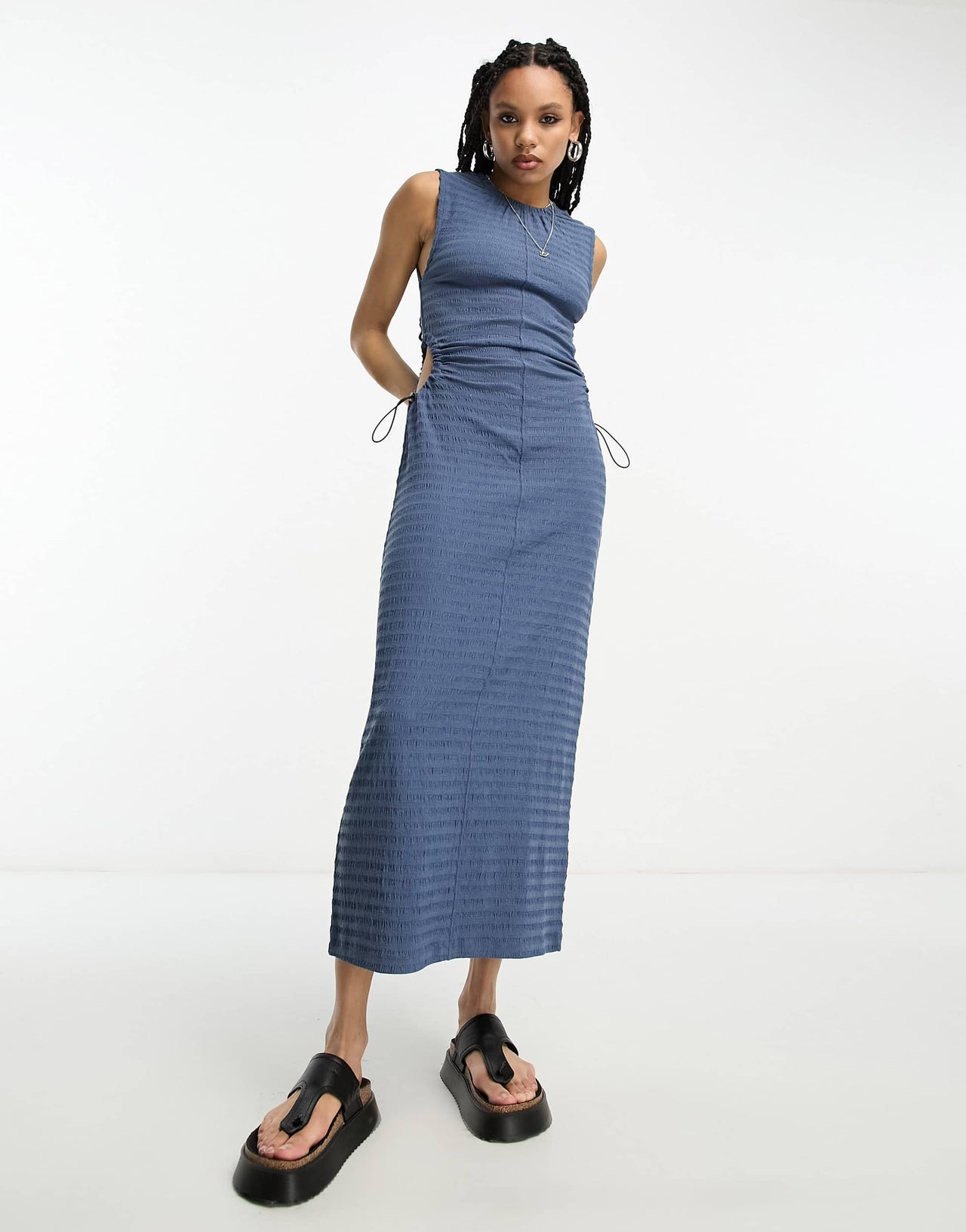 ASOS DESIGN crinkle midi dress with cut out side detail and toggle trim in blue
