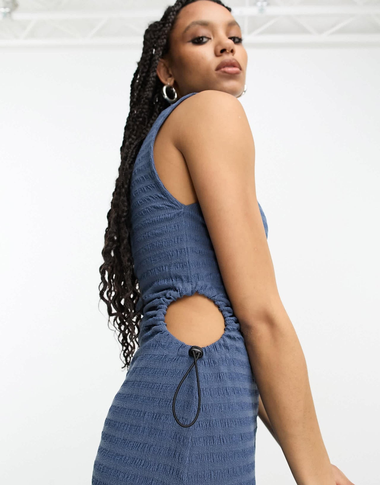 ASOS DESIGN crinkle midi dress with cut out side detail and toggle trim in blue